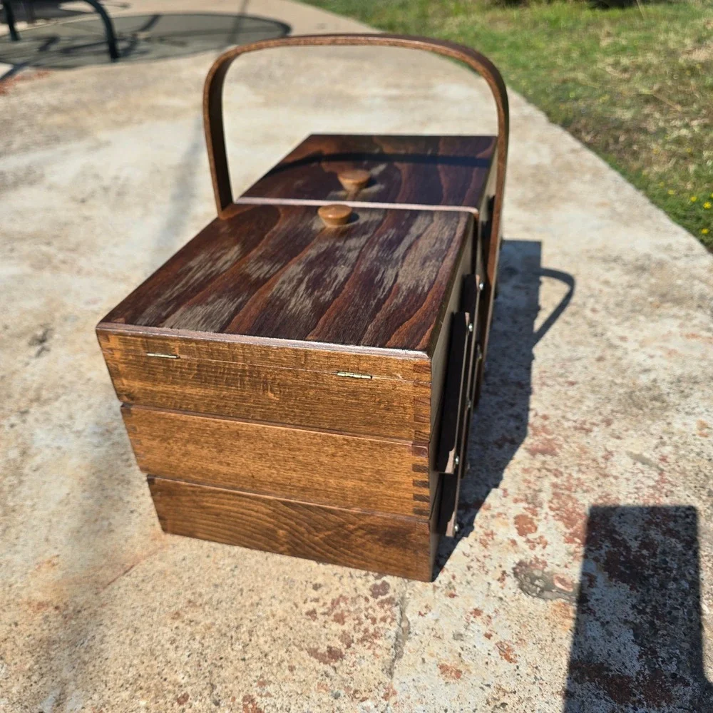 Vintage Wooden Cantilever Sewing Box Accordion 3 Tier Storage Organizer Handle